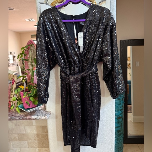 Anthropologie Sequin Mini Wrap Dress in Black XS - Picture 2 of 16